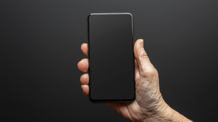 Holding a smartphone minimalistic studio photography dark environment close-up view technology and lifestyle fusion