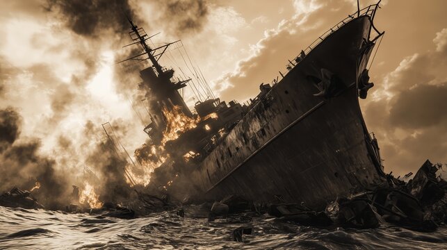 Naval Destruction: Flames Engulfing a Doomed Warship - made with Generative AI
