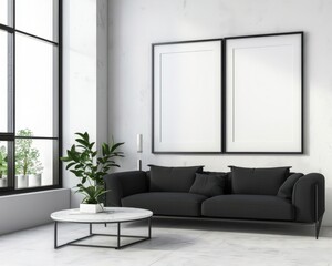 Minimalist living room interior with a black sofa. coffee table. two empty frames and a plant