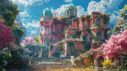 Obraz premium Celestial fairy palace: ethereal colorful villa of the fairy prince with outdoor stairs and a heavenly fairy sky 