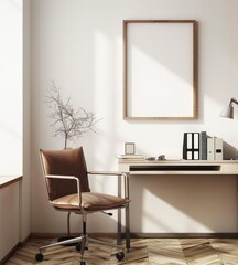 Minimalist home office workspace with a desk. chair. laptop. and a large picture frame on the wall