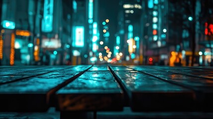 Empty wooden table foreground with a vibrant urban nightscape background, featuring blurred bokeh lights that create a dynamic, modern atmosphere.