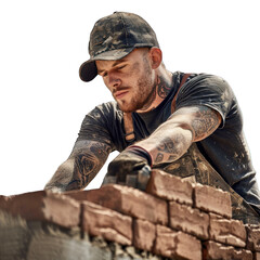 A construction worker with tattos is laying isolated on transparent background png