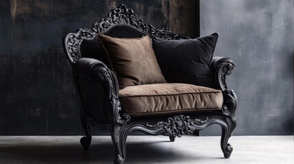 Ornate vintage black chair with intricate wooden frame and plush brown cushion showcasing a classic and elegant design.