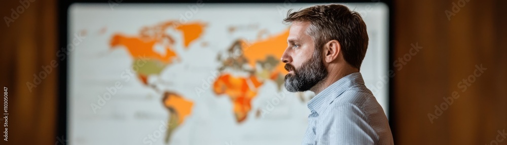 Poster budget opportunity expansion concept. professional man with beard contemplating in front of a world 