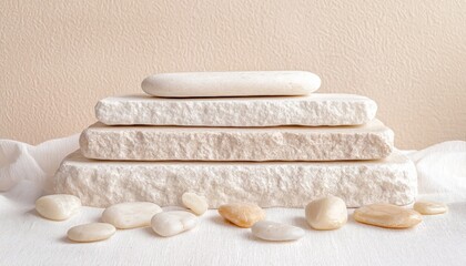 Minimalist stone podium with rough textures surrounded by natural rocks neutral background emphasizing organic and modern design aesthetics