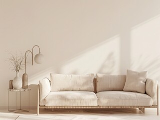 Minimalist living room interior design with a beige sofa. a marble side table. a floor lamp. and natural sunlight streaming through the window