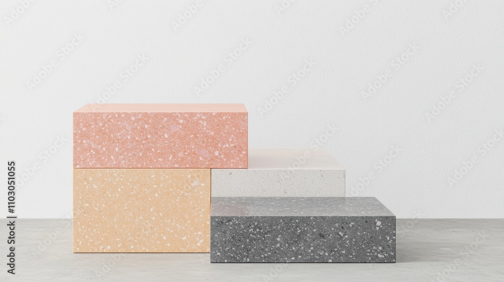 Poster natural stone podiums with unique patterns and earthy tones clean gray background highlighting simpl