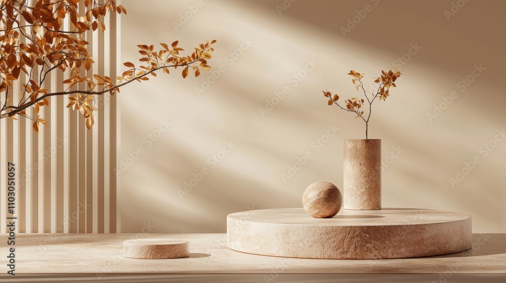 Poster natural stone podiums with unique patterns and earthy tones clean gray background highlighting simpl