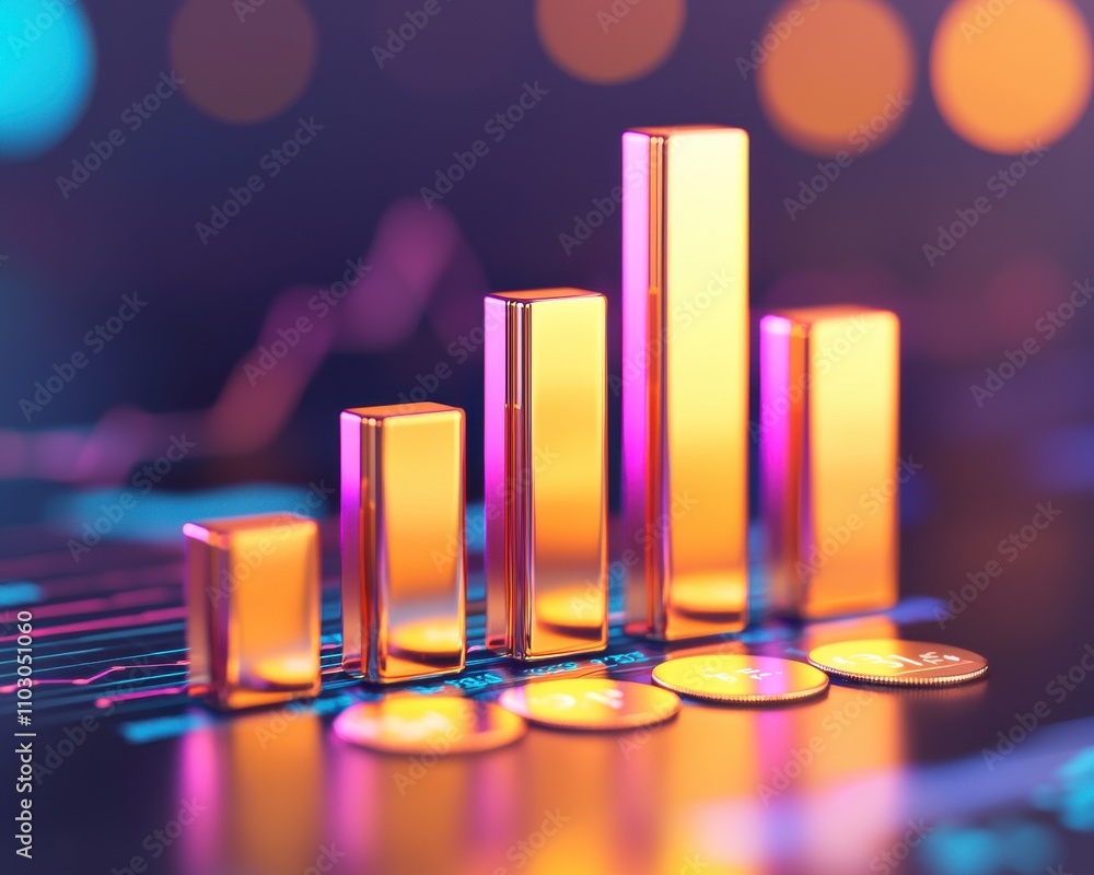 Poster budget opportunity expansion concept. abstract bars representing data growth with colorful bokeh bac