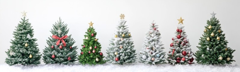 A row of Christmas trees with different colors and sizes