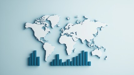 Naklejka premium Budget Opportunity Expansion concept. World map with blue bar graphs, representing global data visualization and analytics.