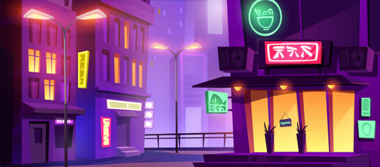 Vibrant downtown night scene illuminated by neon signs. Urban street with oriental restaurant with glowing signage, lit windows in residential buildings and streetlights. Purple cityscape for game ui. © klyaksun