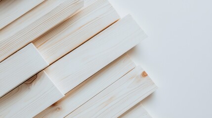 Pile of light pinewood beams neatly arranged showcasing raw wood texture and clean edges against a plain white backdrop