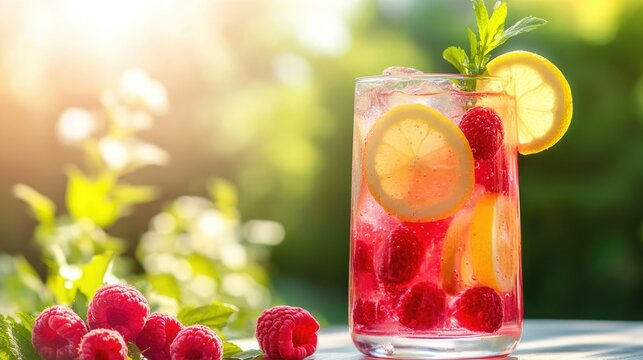 A vibrant glass of raspberry lemonade adorned with lemon slices and mint, set on a table amidst a lush garden backdrop.