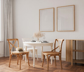 Frame interior, mockup frame, poster wood two frame in empty picture interior dining table cozy home room in illustration 3d render