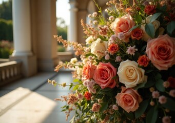 Beautiful floral arrangement featuring pink and cream roses in a sunny garden setting