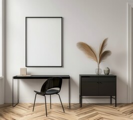 Minimalist home office interior with black desk. chair. and framed artwork on a white wall