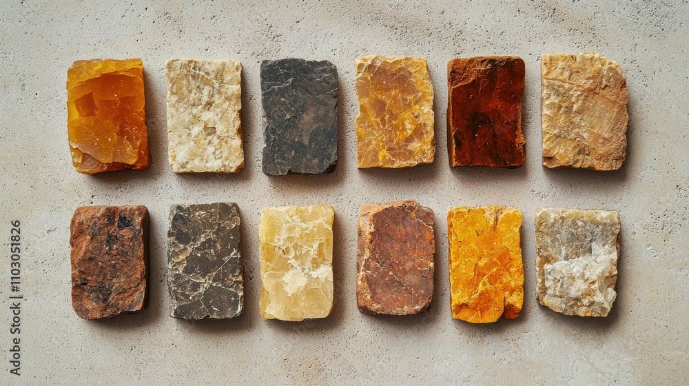 Poster rough textured stone blocks arranged symmetrically on a gray background minimalistic aesthetic blend