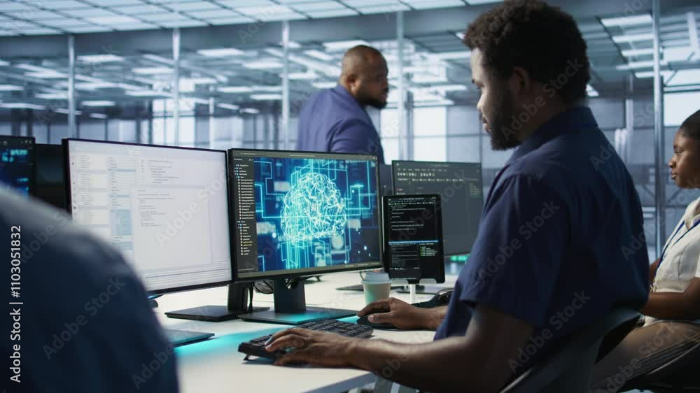 Poster machine learning expert in ai server room developing disaster recovery plans ensuring minimal downti