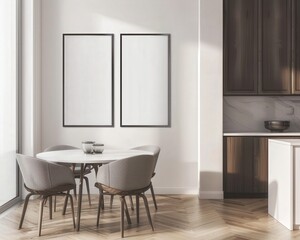 Modern dining area with a round table and four chairs. a window. and two blank framed pictures on the wall