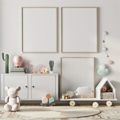 A minimalist nursery interior design with wooden toys. a white cabinet. two blank frames. a rug and a cactus