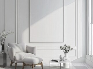 A minimalist living room with a black framed poster. white chair. and a side table with a cup and book Sunlight shines through the window