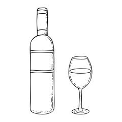 Wine bottle and glass black and white simple vector drawing. Monochrome ink sketch for kosher Kiddush designs and celebrations of Purim, Passover Seder and Shabbat dinner