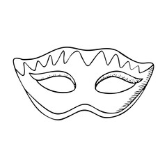 Purim Mardi Gras masquerade mask in Venetian style for carnival hand drawn black and white vector illustration. Simple ink drawing for coloring pages and books