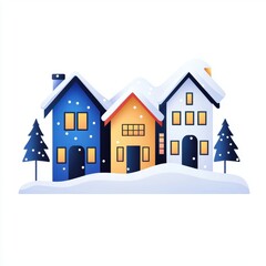 Naklejka premium Snow-covered town with quaint pastel homes glowing windows and light snowfall perfect for capturing the warmth and magic of the holiday season