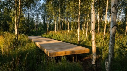 Obraz premium Wooden footbridge spanning a serene birch forest, bathed in warm golden sunlight during evening, surrounded by lush greenery and tall grass.