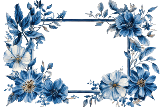 Decorative blue floral frame design featuring various flowers and leaves, suitable for invitations or artwork