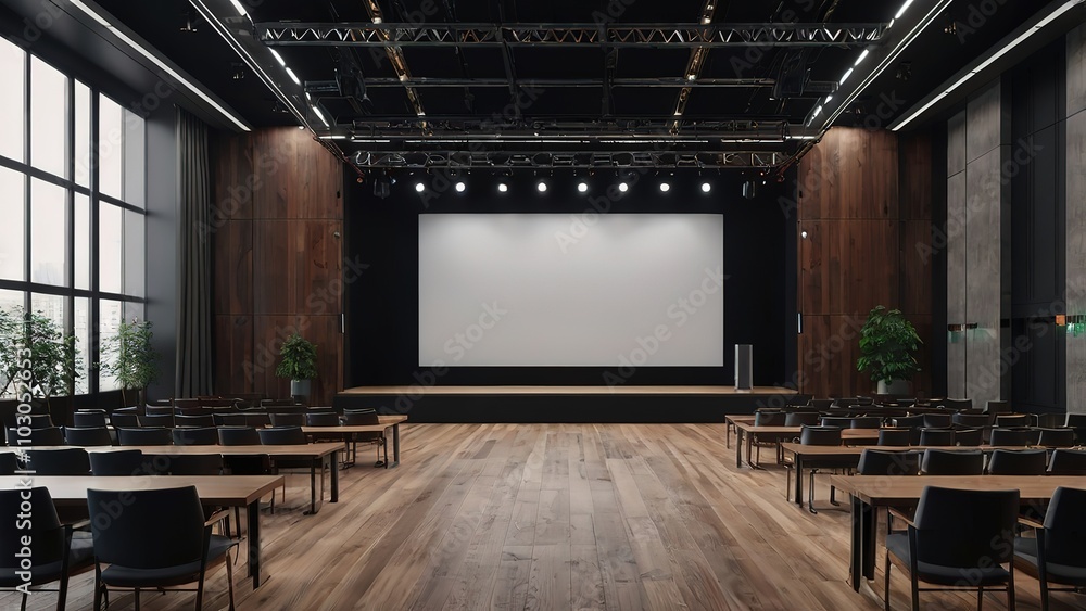 Poster modern conference stage with large blank screen in a hall. 3d rendering, 8k resolution