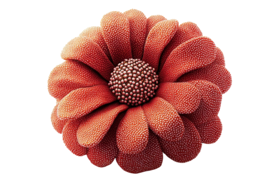 Crafted floral design showcasing intricate red petals and detailed center in minimalist style