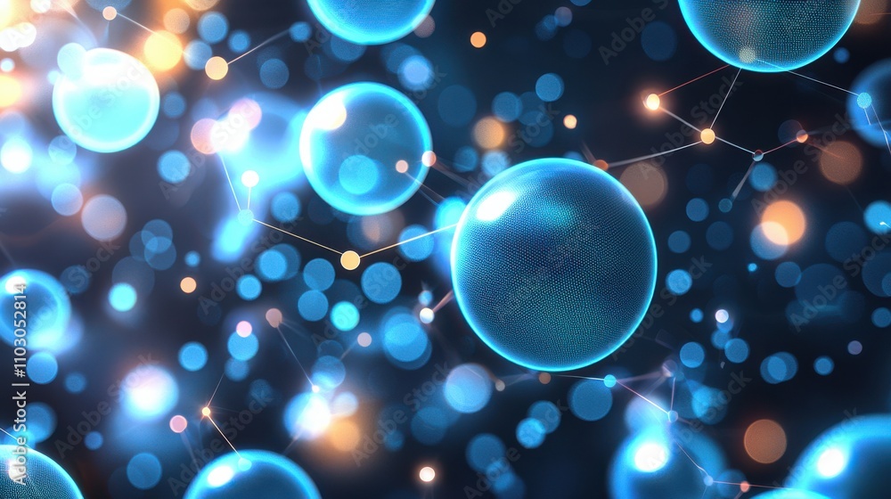 Poster a mesmerizing abstract illustration of glowing blue spheres interconnected by shimmering lines, evok