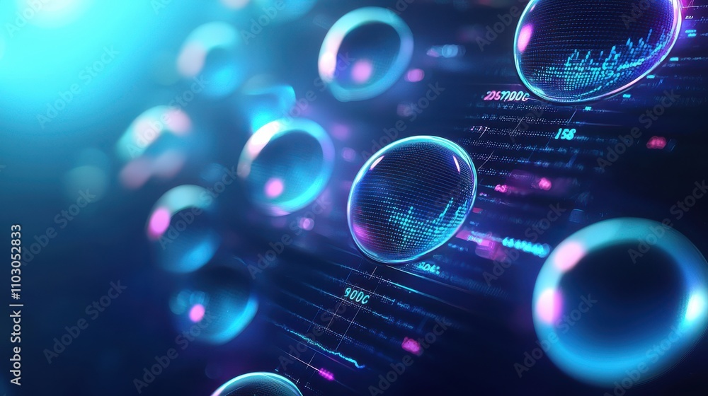Poster a vibrant, futuristic scene depicting translucent spheres floating against a backdrop of digital pat