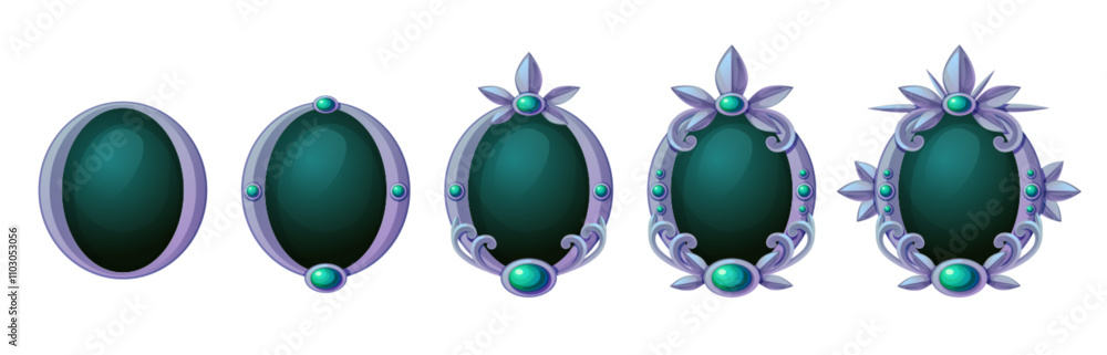 Poster game ranking system with silver frames and green crystals. progress of award badges from simple to c