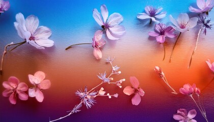 Floral Symphony: Delicate pink and purple blossoms dance across a vibrant blue and orange gradient, creating a captivating display of nature's artistry.  