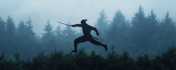 Ninja Warrior Leaping Through Misty Forest Action Adventure Martial Arts