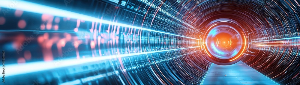 Poster a vibrant tunnel with glowing lines of blue and red light, creating a futuristic, dynamic atmosphere