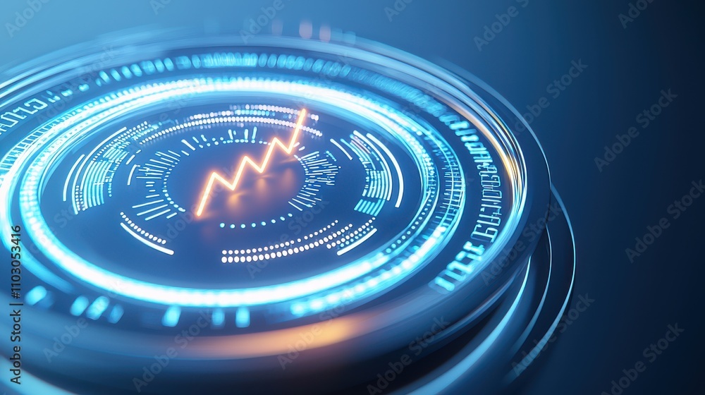 Poster a futuristic circular display featuring glowing blue lines and an upward trend graph, symbolizing da