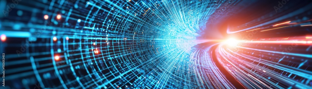 Poster a vibrant, futuristic visual of light beams and digital patterns, suggesting motion through a high-t