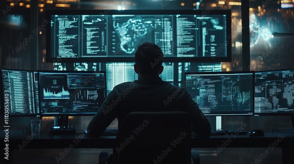 Poster modern data analyst working with multiple computer screens at night