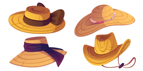 Cartoon set of straw headwear - traditional farmer hat with brown band, western cowboy design, elegant wide brimmed model with purple ribbon, rustic ranch hat with pink bead decor for outdoor work