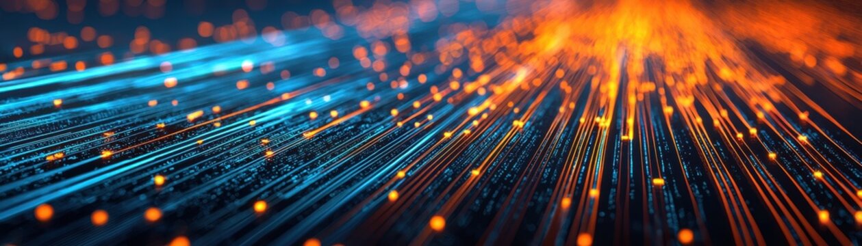 A vibrant display of blue and orange light beams, creating a dynamic, futuristic effect that emphasizes speed and technological advancement.