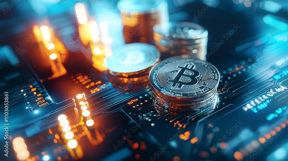Poster digital currency concept with bitcoin coins and circuit design