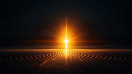 A radiant golden light beams through darkness, creating a star-like effect over a textured, wavy surface.