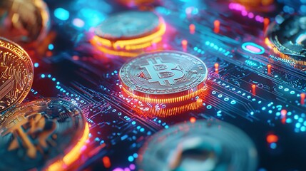 Vibrant Digital Art of Cryptocurrency Coins on Futuristic Circuit Board