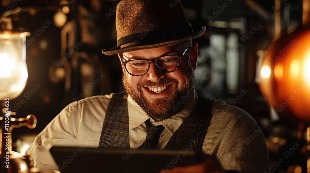 Poster Smiling Man in Hat Using Tablet in Vintage Setting with Warm Light