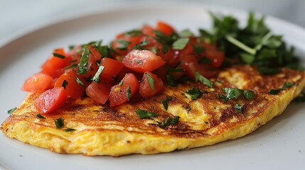 Omelette topped with fresh tomato salsa and chopped herbs served on a white plate, emphasizing vibrant colors and appetizing textures.